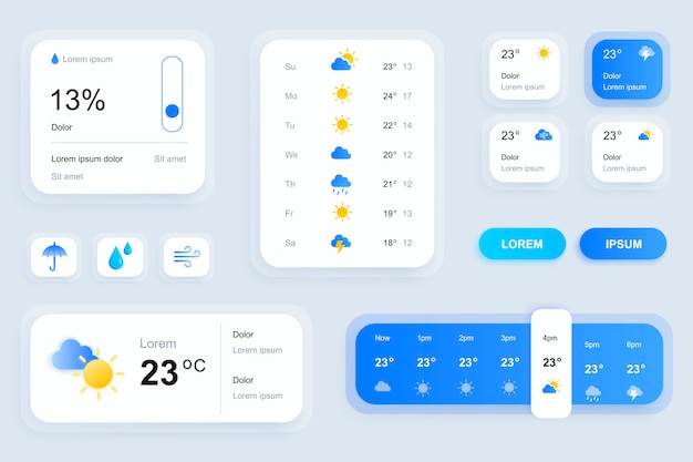 Vector gui elements for weather forecast mobile app ui, ux toolkit