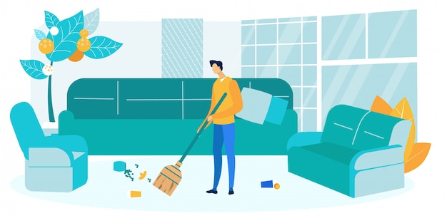 Guy Sweeping Living Room   