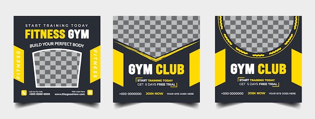 Vector gym fitness social media post banner template set sports social media square banner gym workout f