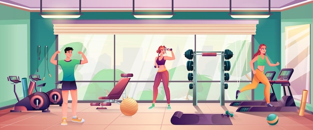 Gym interior with sportsman mirror green walls panoramic window with park and cityscape view running track dumbbell barbell cycling and fitness equipment Vector graphic illustration