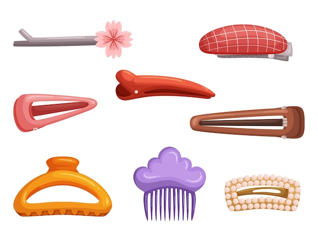 Hair Clips Collection Versatile Accessories Used To Hold Hair In Place They Come In Various Sizes Colors And Designs Adding Style And Functionality To Any Hairstyle Cartoon Vector Illustration