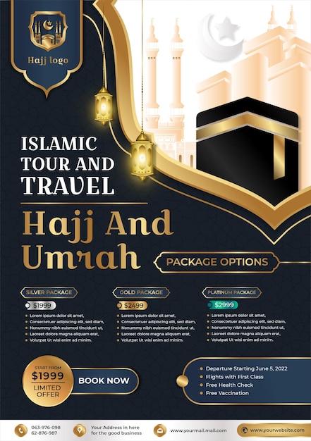 Hajj flyer poster met illustratie van ka'aba en informatietekst in luxe stijl