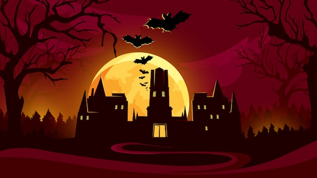 Halloween background with castle under the red sky.