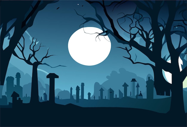 Vector halloween background with old cemetery gravestones spooky leafless trees