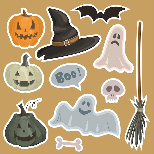 Halloween cartoon stickers Vector set of Halloween items
