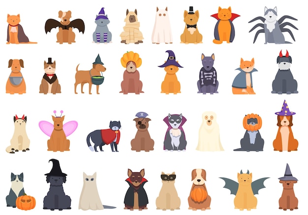 Halloween costume for pet icons set cartoon vector Ghost party