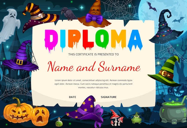 Halloween diploma with witch hats pumpkin cobweb