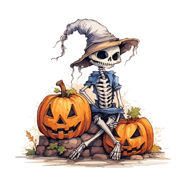 Halloween Skeleton Pumpkin Watercolor Vector illustration