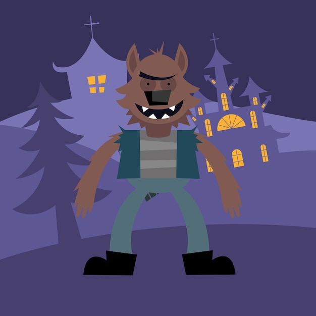 Halloween werewolf cartoon in front of houses design, scary theme