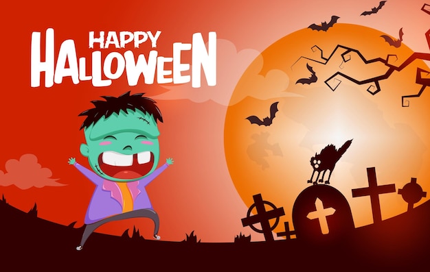 Halloween zombie character vector background concept Happy halloween text with zombie monster