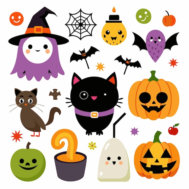 Vector hallowen set stickers vector cute hallowen characters objects set