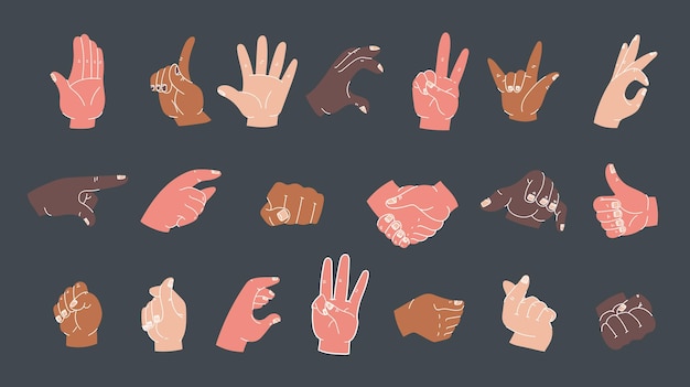 Vector hand arm finger hold ok pose sign isolated set flat graphic design illustration