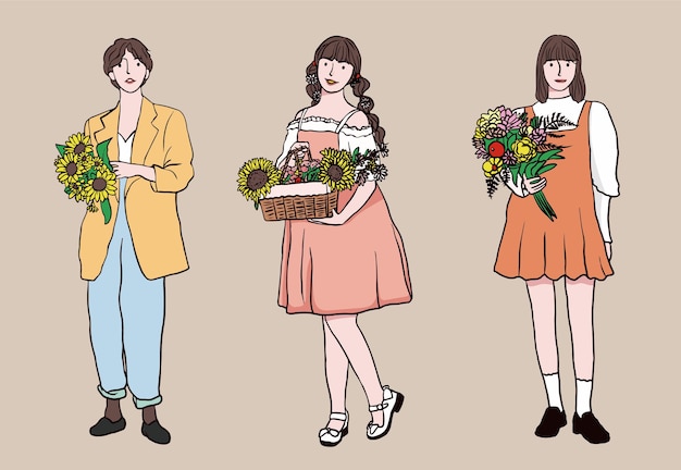 Vector hand draw female holding bouquet flowers set