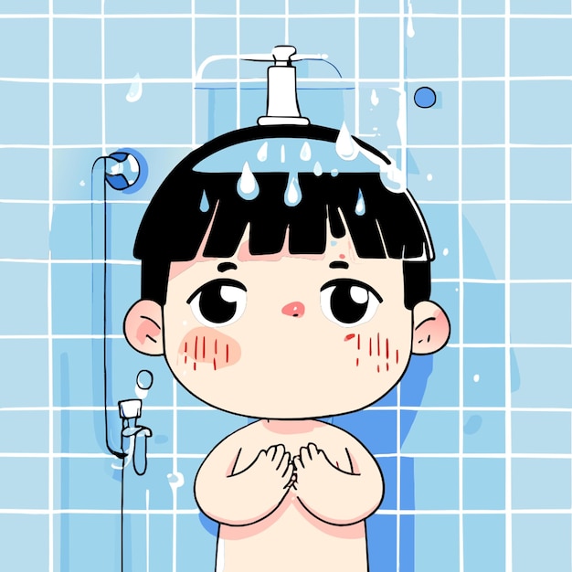 Vector a hand drawing cute boy shower in bathroom cartoon vector illustration flat 2