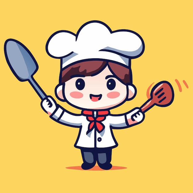 Vector a hand drawing cute chef boy holding spatula and pan cartoon illustration vector illustration