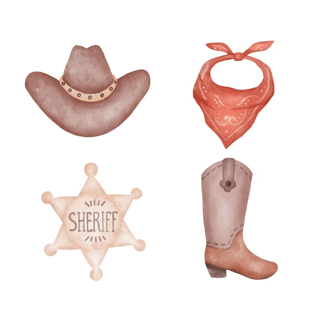 Hand drawing watercolor baby cowboy set. Wild west theme things isolated on white background