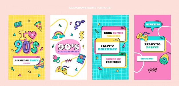 Vector hand drawn 90s birthday instagram stories