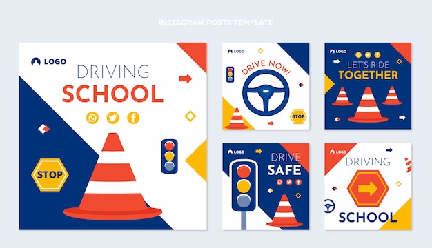 Vector hand drawn abstract driving school instagram posts