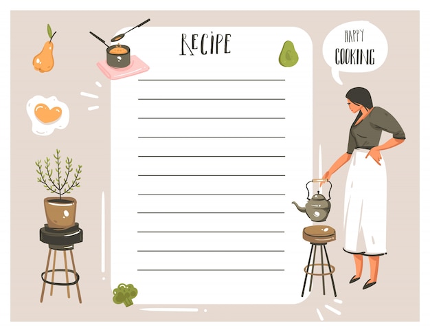 Vector hand drawn  abstract modern cartoon cooking studio illustrations recipe card planner templete with woman,food,vegetables and handwritten calligraphy  on white background