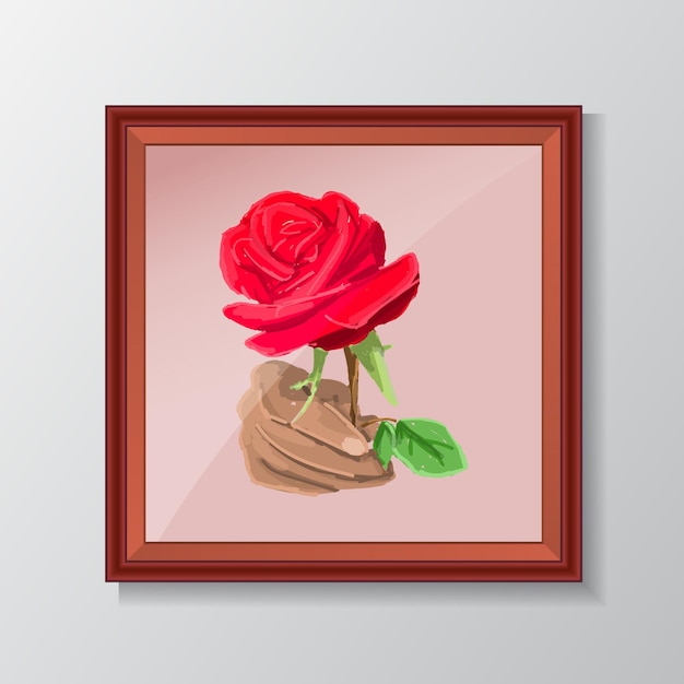 Hand drawn abstract rose flower in wooden frame