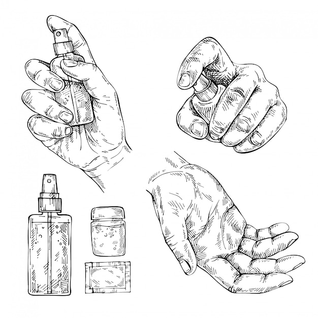 Hand drawn Antibacterial sanitizer spray, gel. Sketch Female Using disinfectant spray to protect from bacterias and viruses.