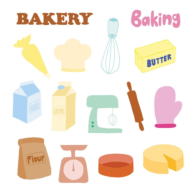 Vector hand drawn baking elements including butter flour cake milk vanilla extract crayon colouring