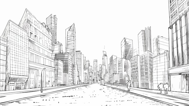 Vector hand drawn big city street graphic in black and white