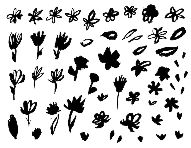 Hand drawn black ink flower set Grunge