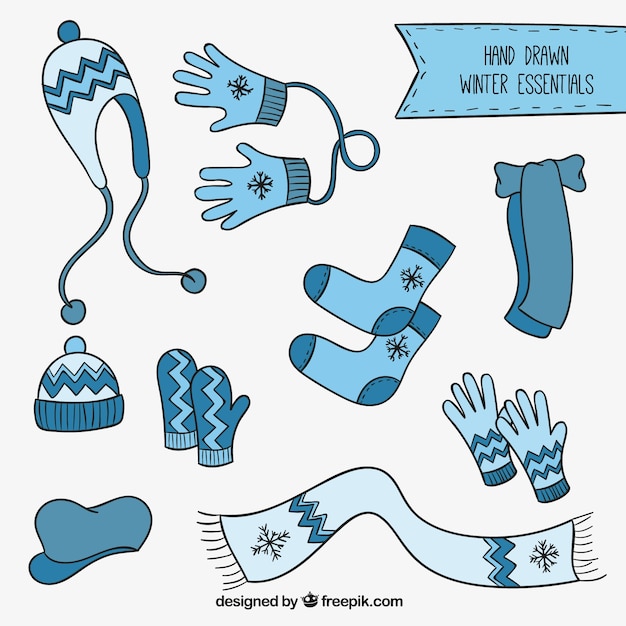 Vector hand drawn blue winter clothes