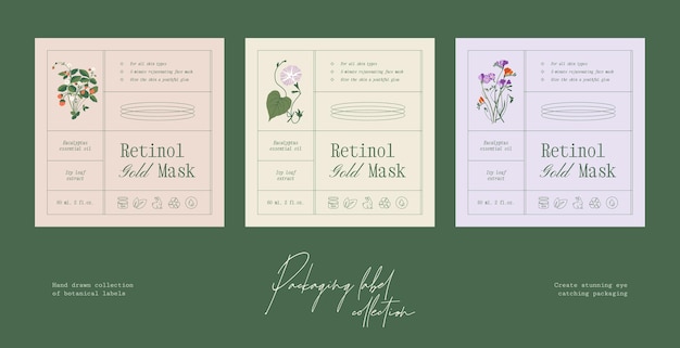 Hand drawn botanical line art vector cosmetics printable label design template