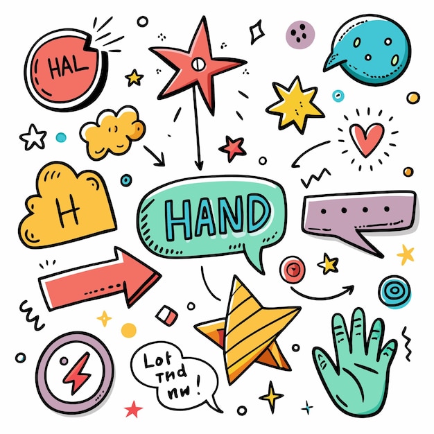 Vector hand drawn cartoon elements with stars speech bubbles arrows and hands