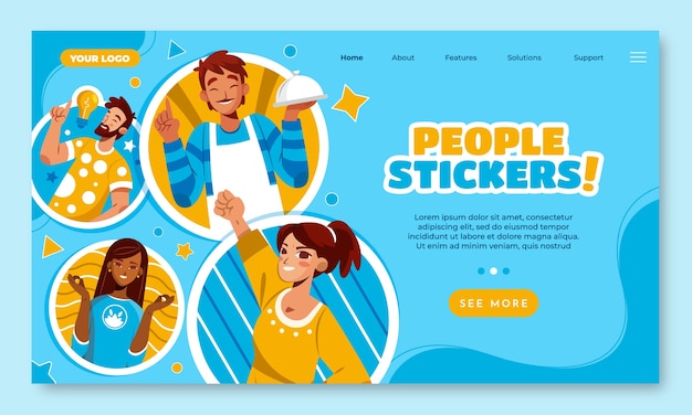 Hand drawn cartoon people stickers landing page