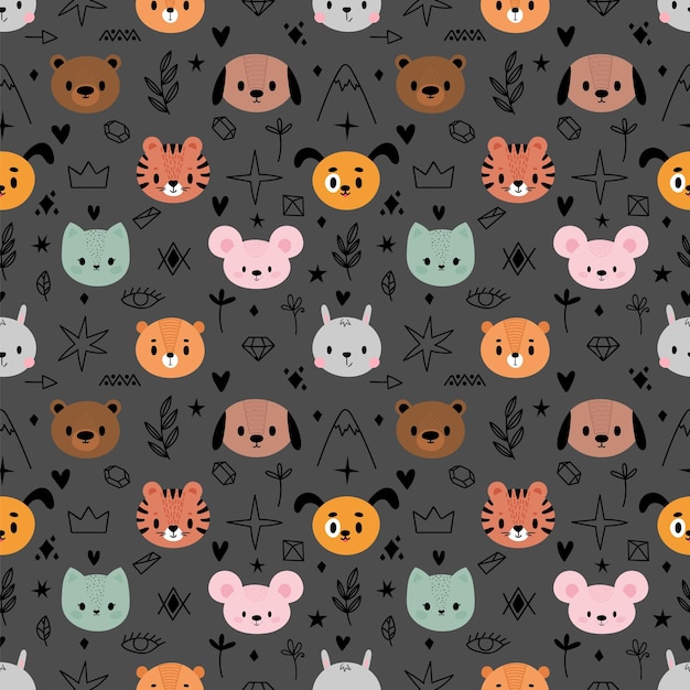 Vector hand drawn childish seamless pattern with cute animals cat dog bunny