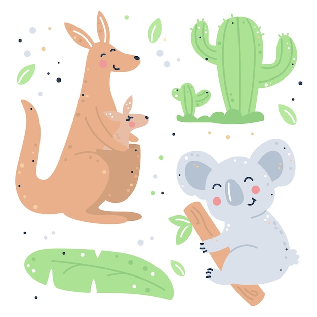 Hand drawn childish set with kangaroo, koala and cactus 