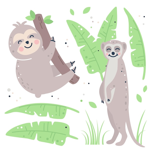 Hand drawn childish set with sloth, meerkat and leaves