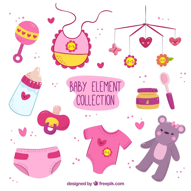 Hand-drawn collection of pink and purple baby items with yellow details