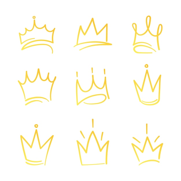 Hand drawn crowns logo set for queen icon princess diadem symbol doodle illustration pop art element beauty and fashion shopping concept