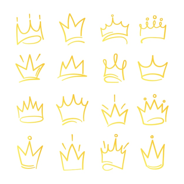 Hand drawn crowns logo set for queen icon princess diadem symbol doodle illustration pop art element beauty and fashion shopping concept