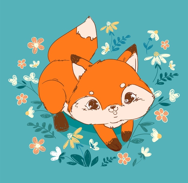 Hand drawn cute Fox and flowers