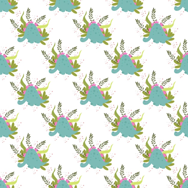 hand drawn dinosaur leaf and flower seamless pattern premium vector