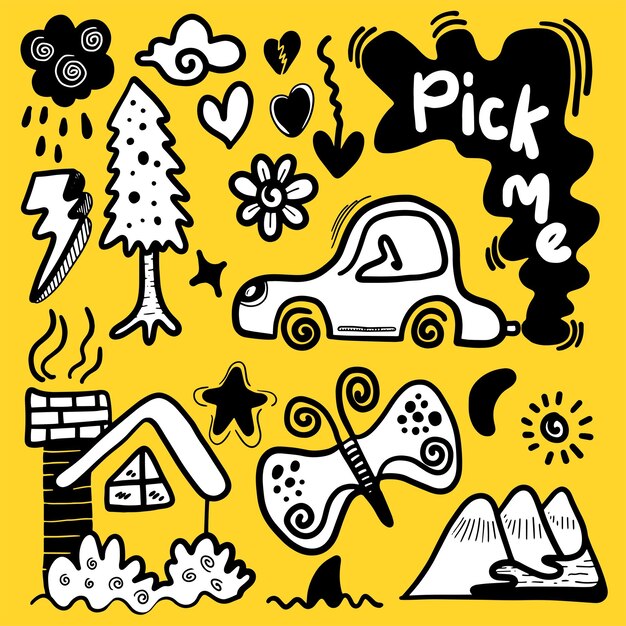 Vector hand drawn doodle design elements cloud arrow heart car hill home and other