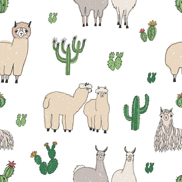 Hand drawn doodle seamless pattern with alpaca, llama, cactuses.