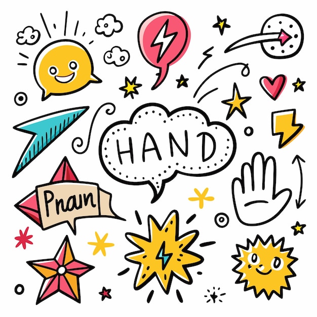 Vector hand drawn doodle set with stars hearts and speech bubbles