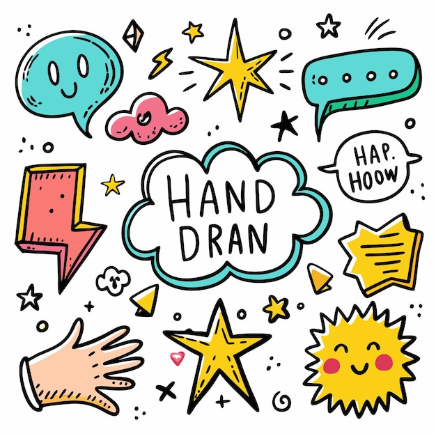 Vector hand drawn doodle set with stars speech bubbles and sun