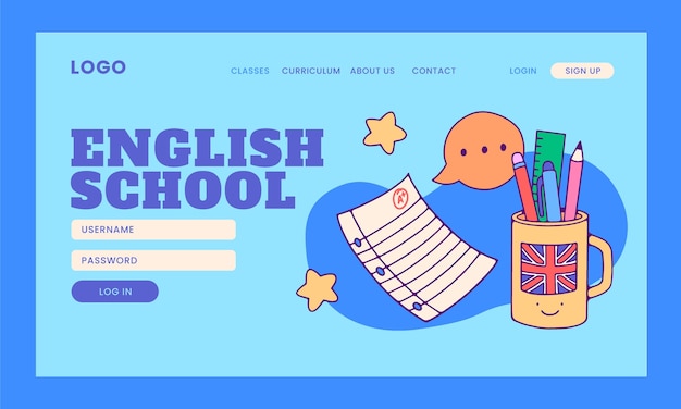 Vector hand drawn english school landing page