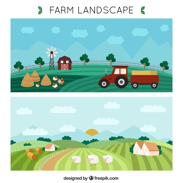 Vector hand drawn farm landscape banners