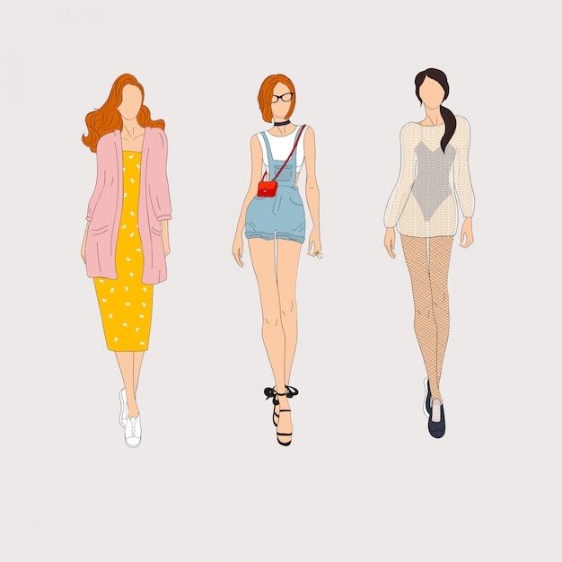 Hand drawn fashion models. illustration.