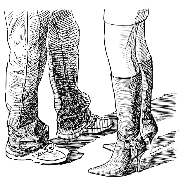 Vector hand drawn feet of couple young townspeople meeting on urban street