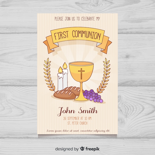 Vector hand drawn first communion elements invitation