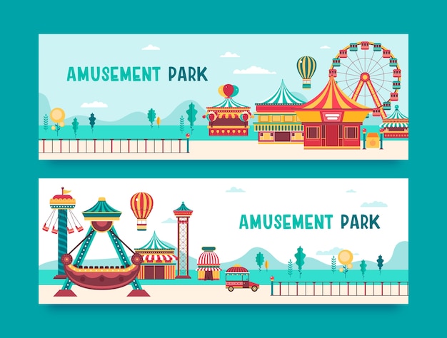 Vector hand drawn flat amusement park banner set